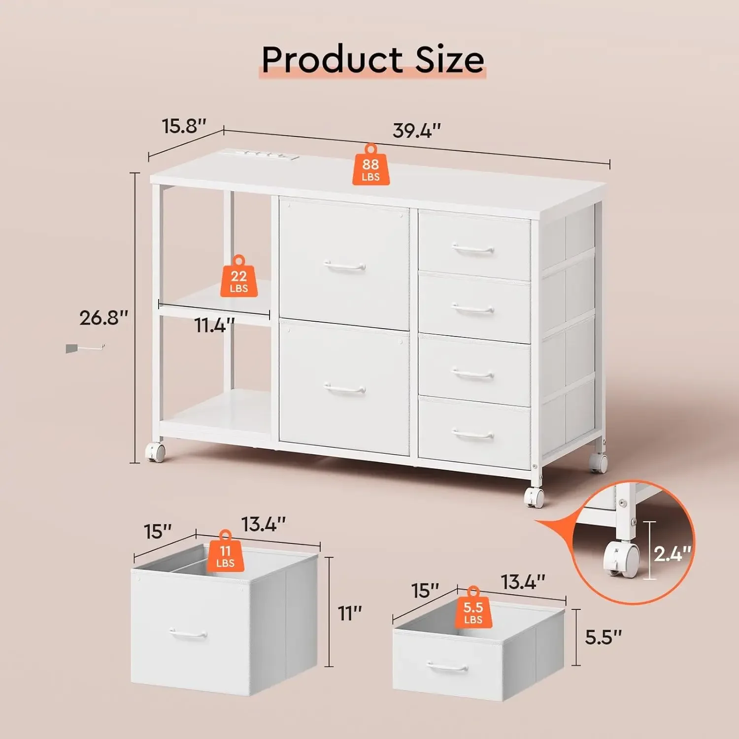 File Cabinet Lateral - 充電ステーション付きローリングプリンタースタンド、6段引き出し横型ファイリングキャビネット、オープン収納棚、ファブリック製ホームオフィス用、ホワイト