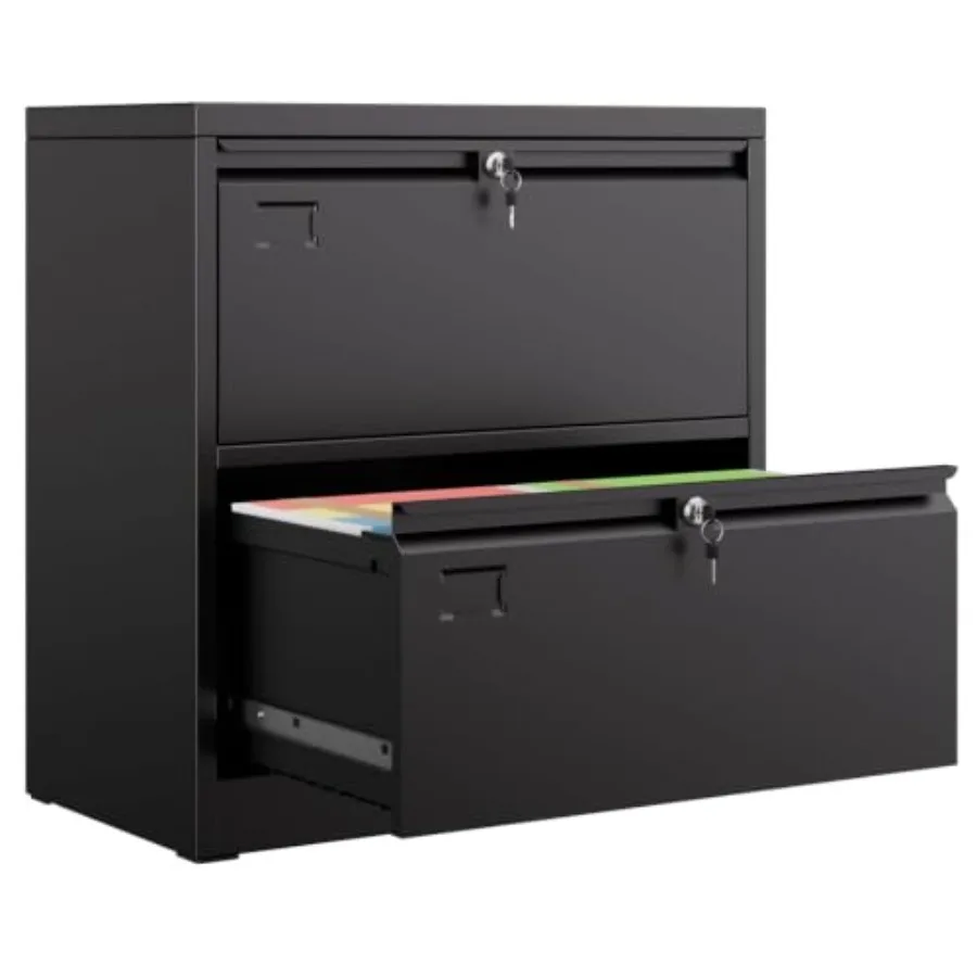 File Cabinet Lateral - 鍵付きの2段引き出し式横型ファイルキャビネット。家庭用オフィスに最適な、黒色の金属製で鍵をかけられるファイルキャビネット。頑丈なスチール製で、幅広のファイルを収納可能。