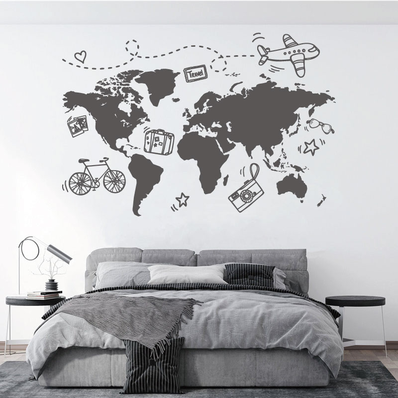 Office Furniture World - 旅行の世界地図をモチーフにしたビニールの壁のステッカー,家,寝室,またはオフィスの荷物,クリエイティブな装飾,ギフト,d3