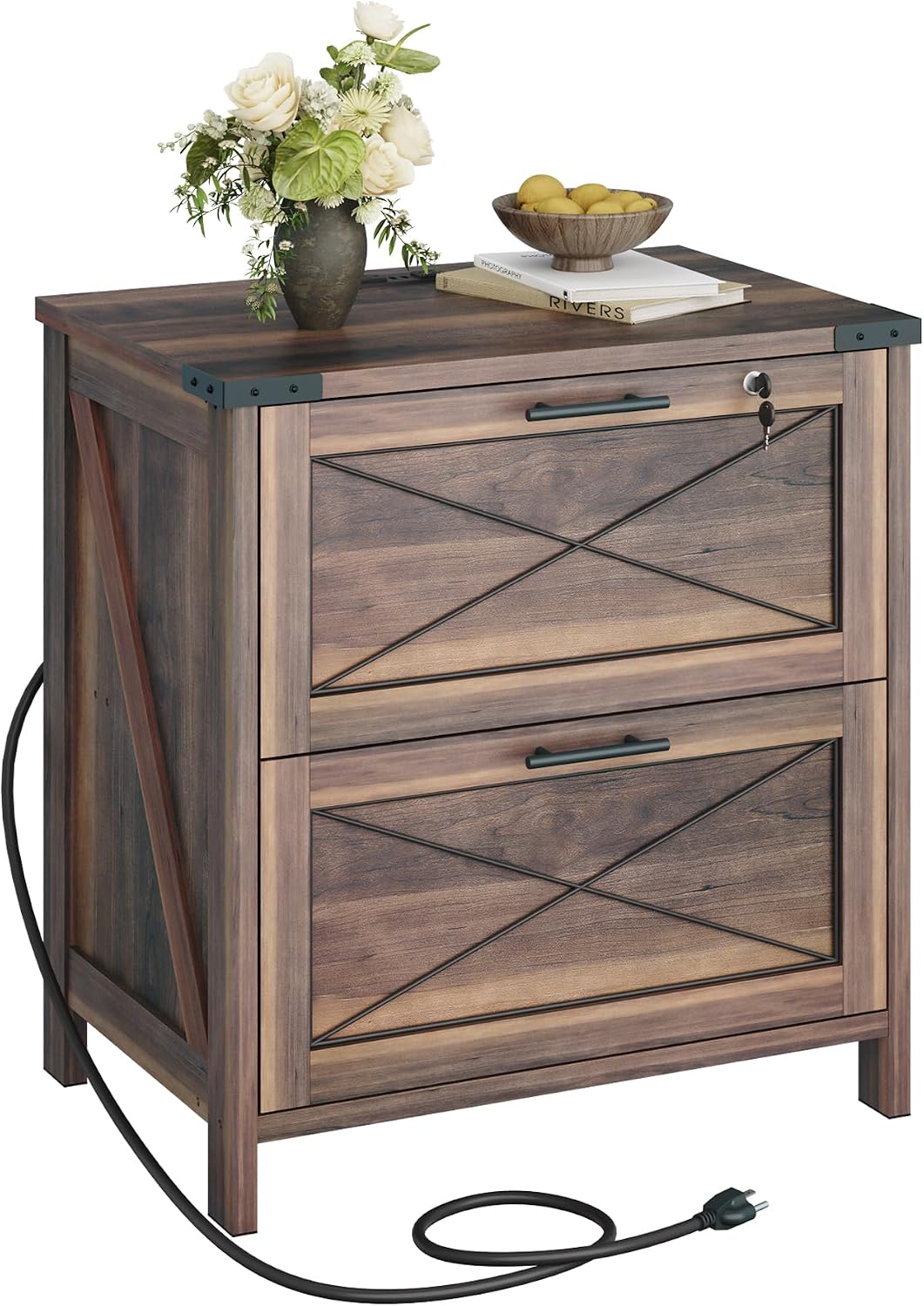 File Cabinet Lateral - 木製横型ファイルキャビネット、2段引き出しファイルキャビネット、ダークブラウン | ロック＆充電ステーション、ファームハウス木製プリンタースタンド（La付き）