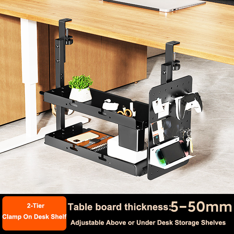 Gaming Desk With Hutch - クランプ式14インチデスク上・下2段棚ユニット、テーブルアクセサリー、ゲーム機器、その他の収納トレイ、デスクトップオーガナイザー