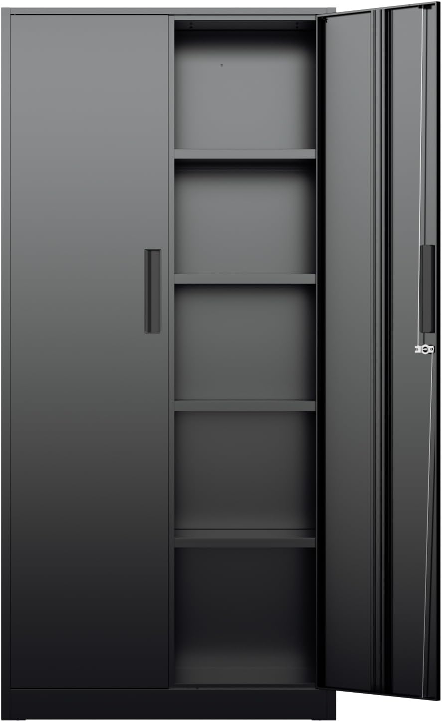 Office Furniture Cabinets - 背の高い金属製収納キャビネットオーガナイザー、4つの調節可能な棚を備えたロック可能なスチール製ユーティリティキャビネット、倉庫やホームオフィス向けの頑丈な床置きロッカー、モダンな黒色の家具
