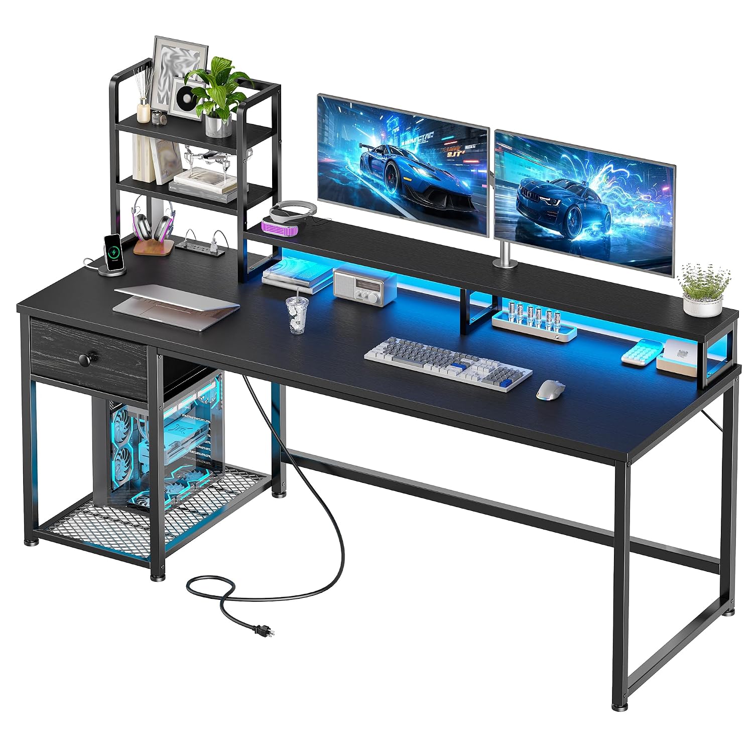 Gaming Desk With Hutch - ハッチと引き出し付きゲーミングデスク、モニターシェルフ付きリバーシブルデスク、USBコンセントと収納、LEDライト、55インチ、カスタマイズ可能