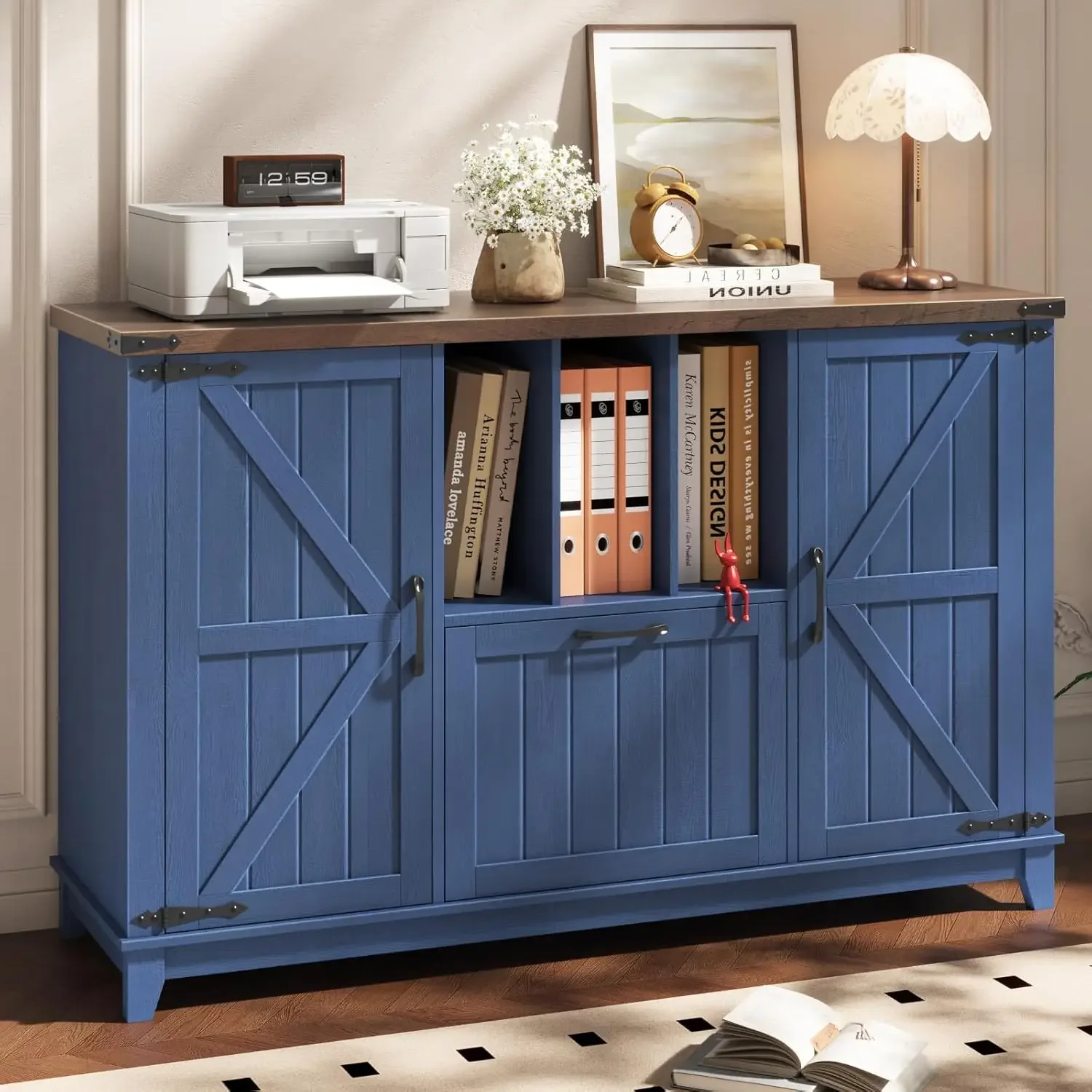File Cabinet Lateral - 横型ファイルキャビネット ファームハウス収納棚 プリンタースタンド ホームオフィス リーガルA4レターハンギングファイル ネイビーブルー