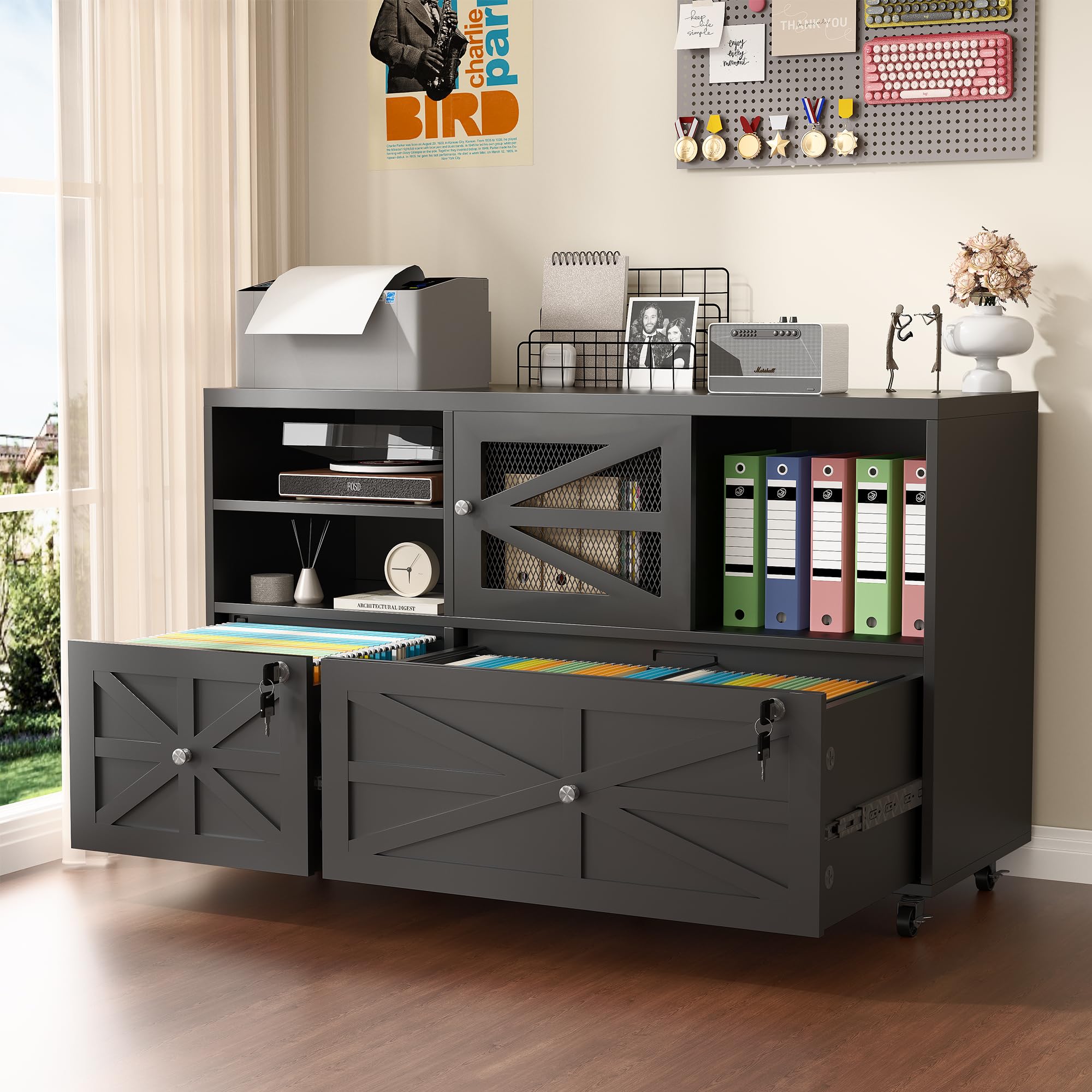 File Cabinet Lateral - 2段引き出し式ファームハウスファイルキャビネット（鍵付き）、レター/リーガル/A4サイズ対応の可動式横型ファイルキャビネット、オープン収納