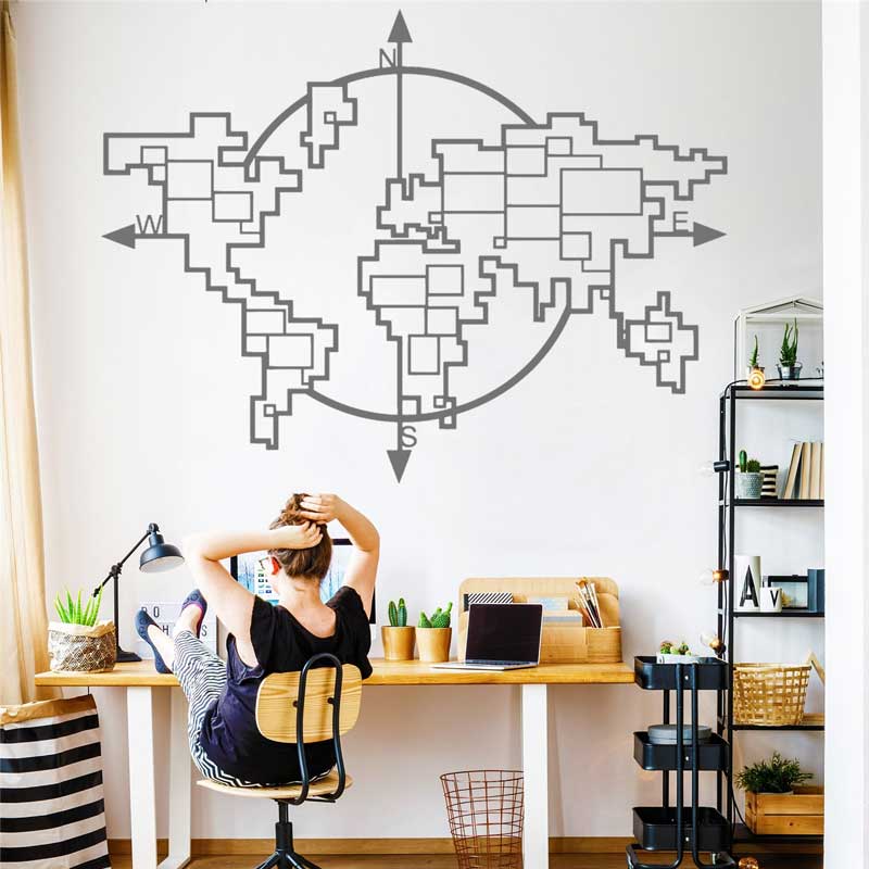 Office Furniture World - 幾何学的な世界地図コンパスビニールウォールステッカーホームリビングルームオフィスアート壁現代ファッション装飾ステッカー壁画ギフト Z2