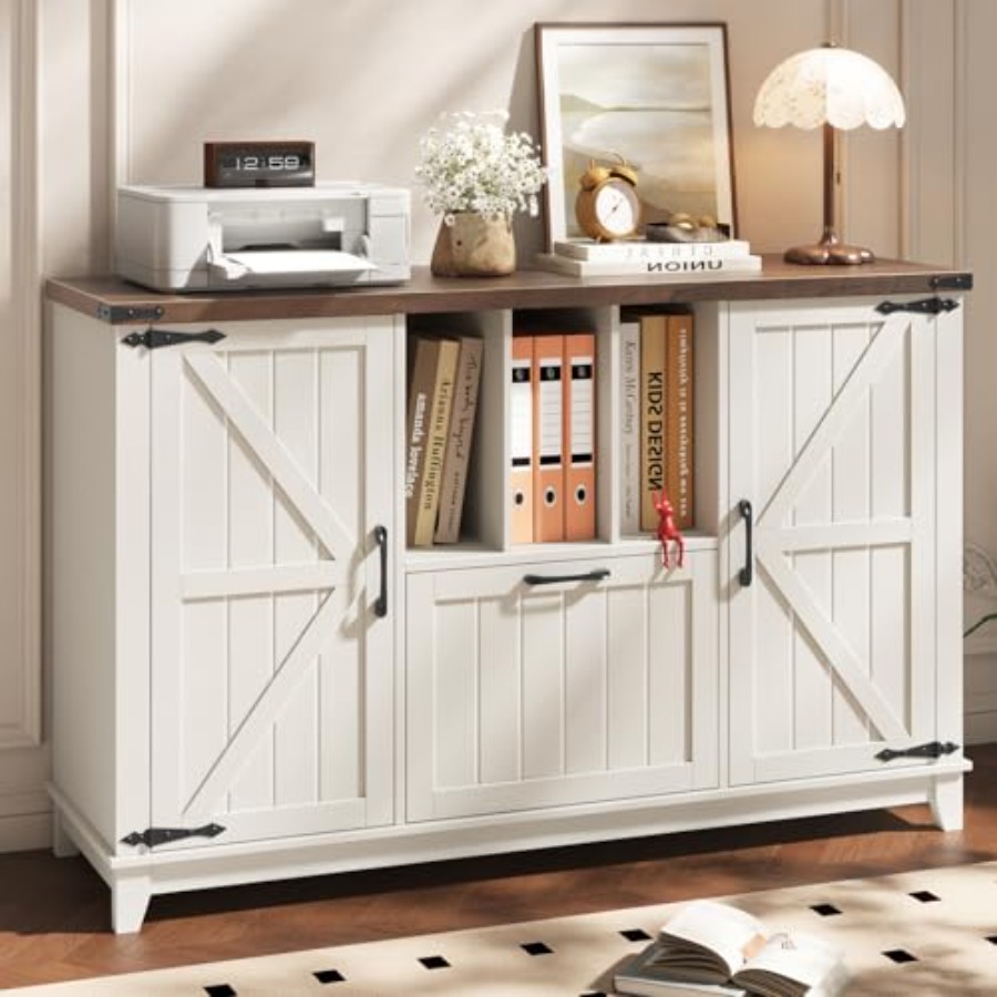 File Cabinet Lateral - 横型ファイルキャビネット、ラスティックホワイトのファームハウス風ファイルキャビネット