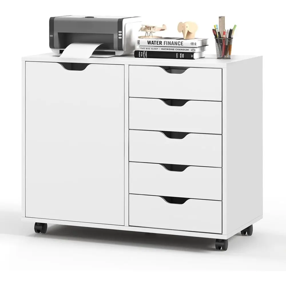 File Cabinet Lateral - 5段引き出し横型ファイルキャビネット、キャスター付き、調節可能な棚、プリンタースタンド、ローリングストレージ付き、ホームオフィス用、ホワイト