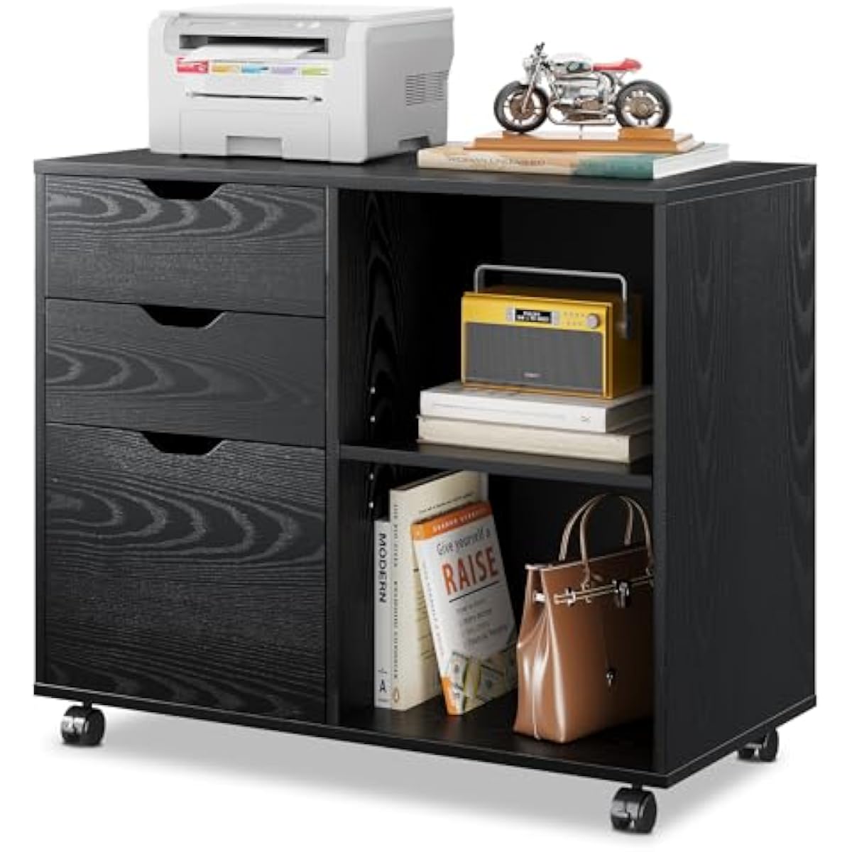 File Cabinet Lateral - 3段式横型ファイルキャビネット、オープンシェルフ、可動式キャスター、ロック式前輪付き、人工木材製。