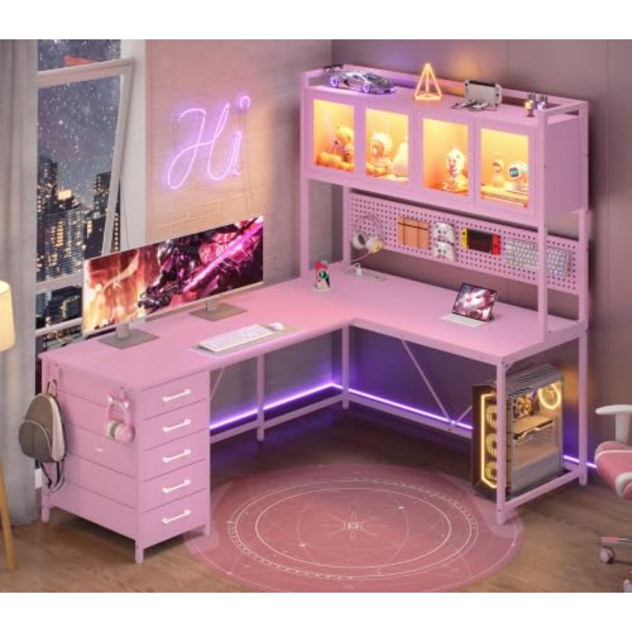 Gaming Desk With Hutch - L字型ゲーミングコーナーデスク（引き出し、ハッチ、収納棚付き）、ホームオフィス用、ホワイトのエンジニアードウッド製、省スペース設計