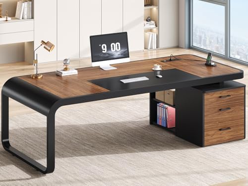 File Cabinet Lateral - 70.9インチのエグゼクティブデスク、引き出しと横型ファイルキャビネット付き大型コンピューターデスク、取り外し可能な棚付きオフィスデスク
