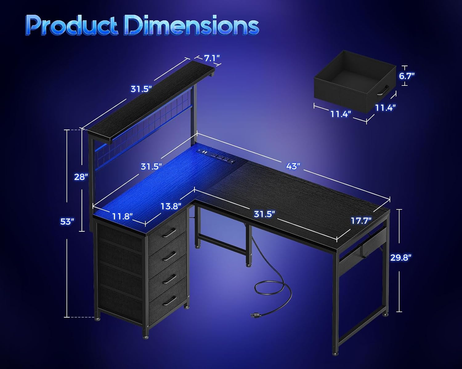 Gaming Desk With Hutch - L字型ゲーミングデスク（棚と4つの引き出し付き）、ホームオフィス用コーナーコンピューターワークステーション、43インチ、カスタマイズ可能