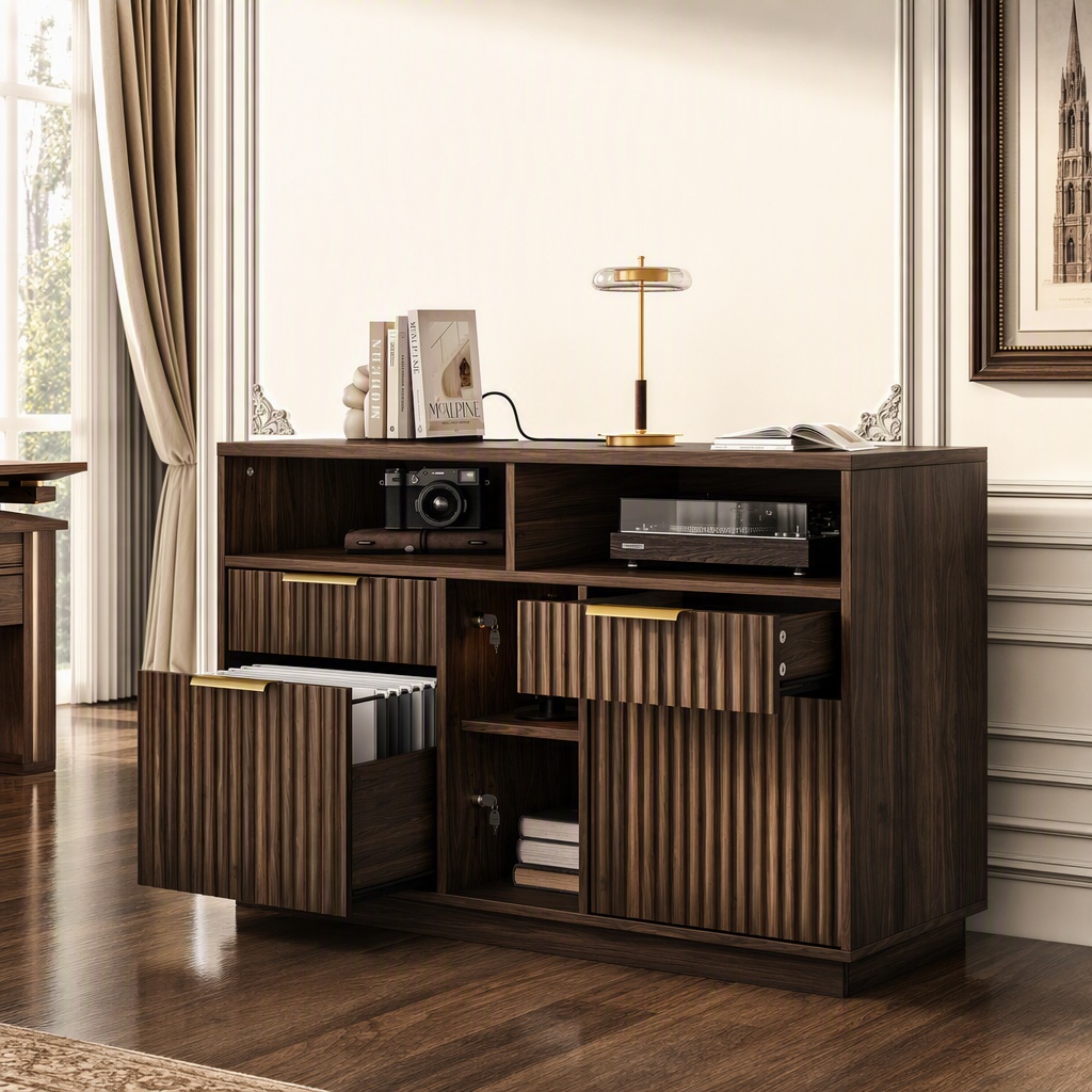 4段引き出しファイルキャビネット、溝付き木製横型ファイルキャ - File Cabinet Lateral のレビューと価格