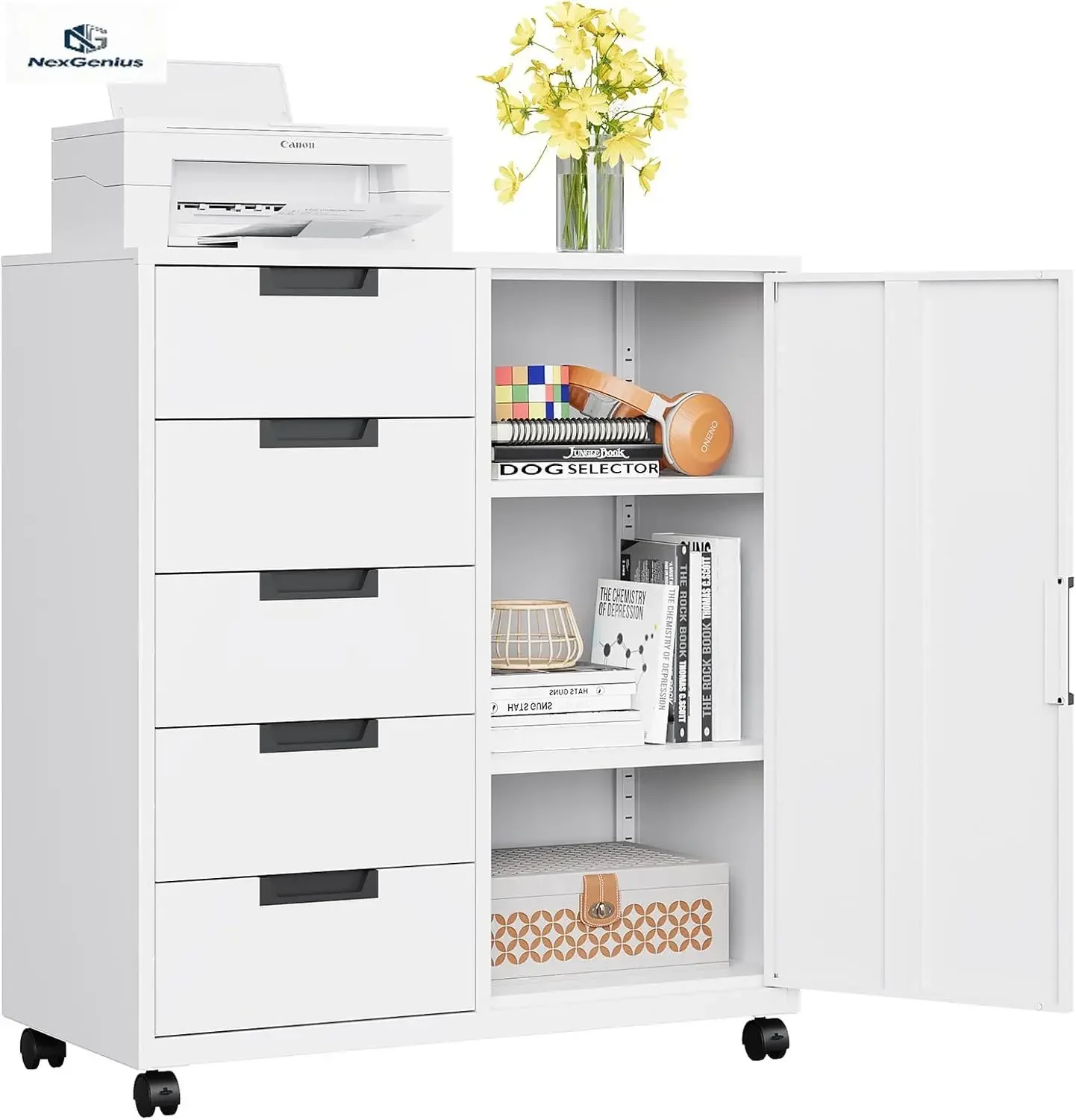5段引き出し収納キャビネット、ドアと棚付き、車輪付き可動式横 - File Cabinet Lateral のレビューと価格