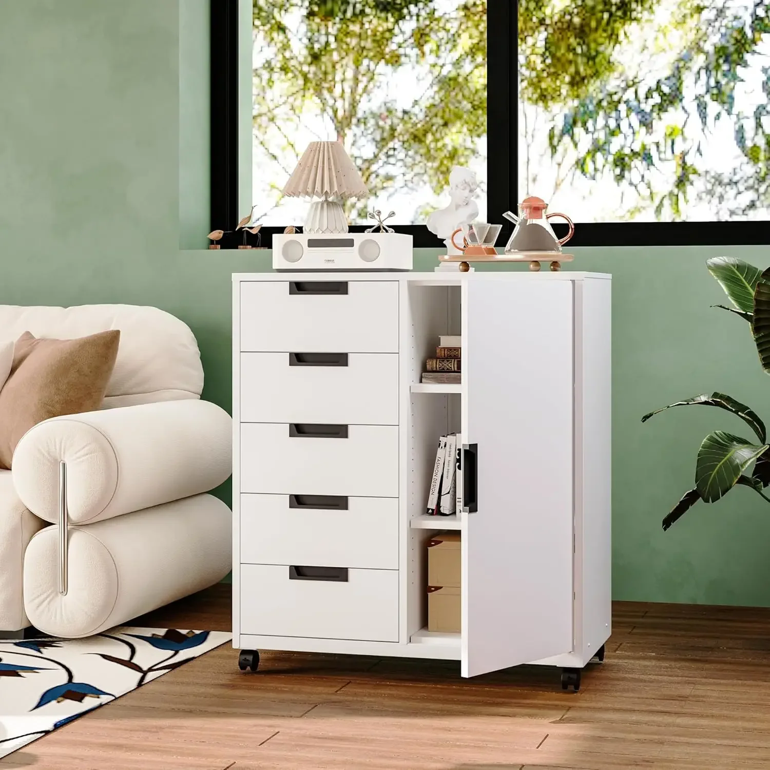 5段引き出し収納キャビネット、ドアと棚付き、車輪付き可動式横 - File Cabinet Lateral のレビューと価格