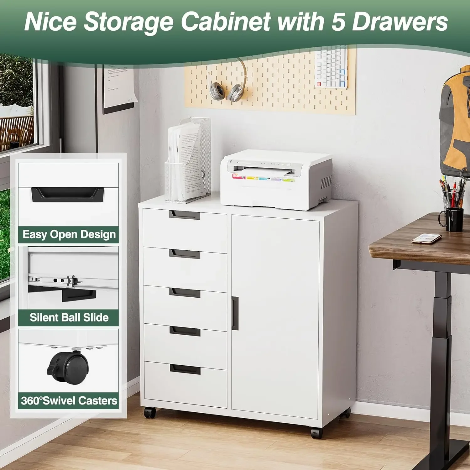 5段引き出し収納キャビネット、ドアと棚付き、車輪付き可動式横 - File Cabinet Lateral のレビューと価格