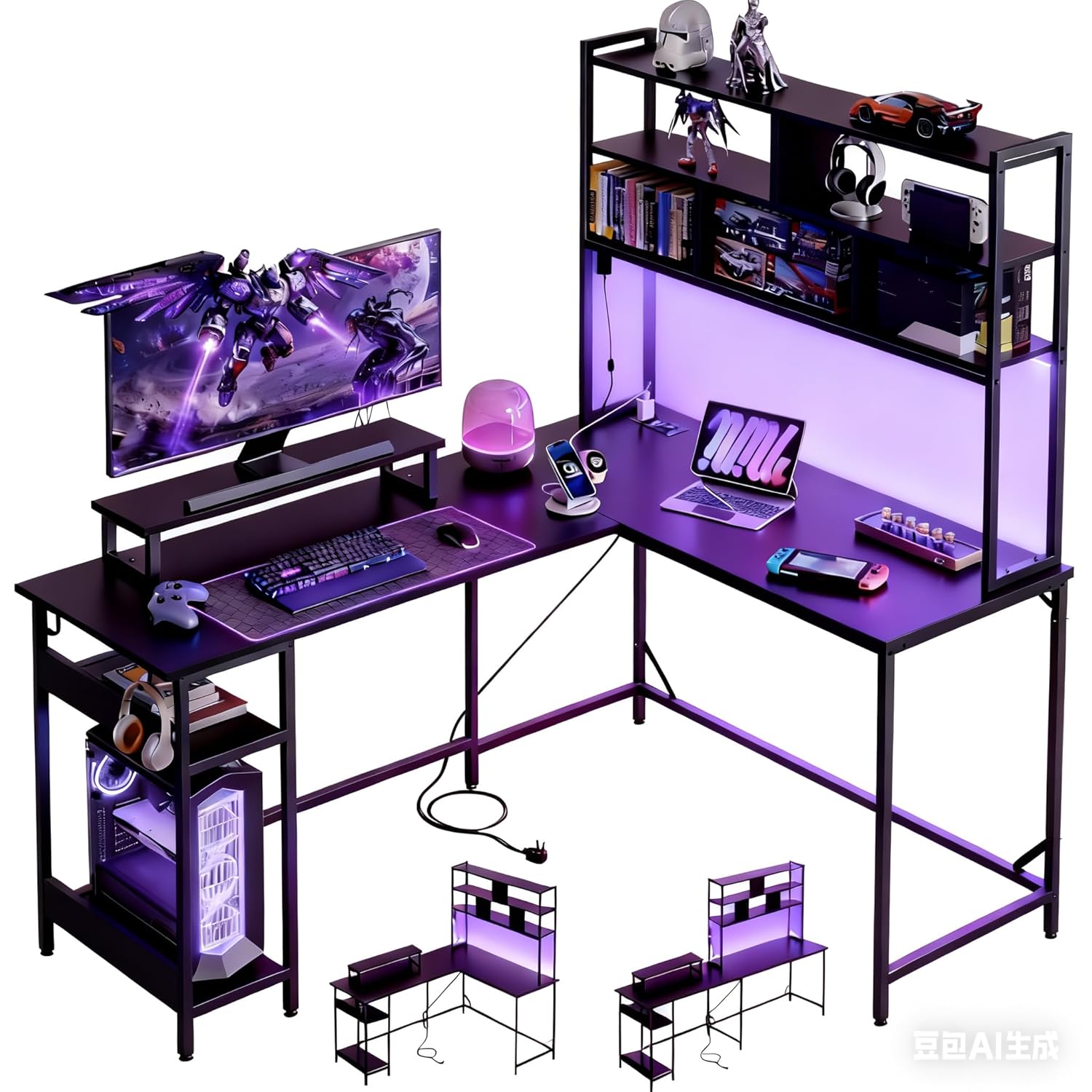 ハッチ付きL字型ゲーミングデスク、LEDライト付きリバーシブ - Gaming Desk With Hutch のレビューと価格