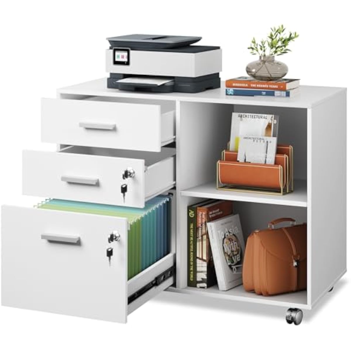 3段式横型ファイリングキャビネット、ロック機構付き、人工木材 - File Cabinet Lateral のレビューと価格
