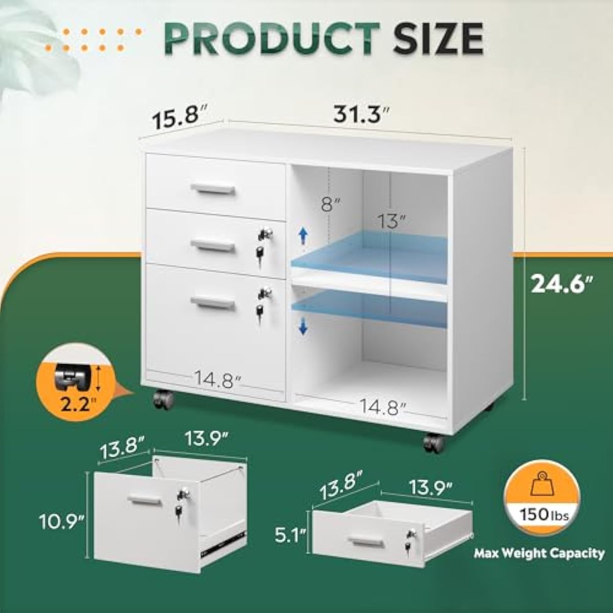 3段式横型ファイリングキャビネット、ロック機構付き、人工木材 - File Cabinet Lateral のレビューと価格
