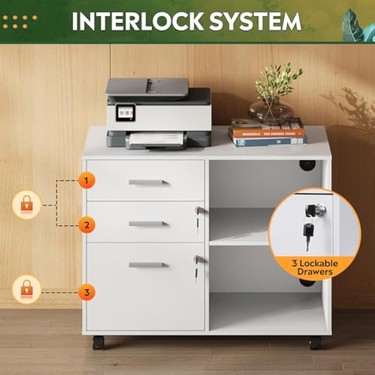 3段式横型ファイリングキャビネット、ロック機構付き、人工木材 - File Cabinet Lateral のレビューと価格