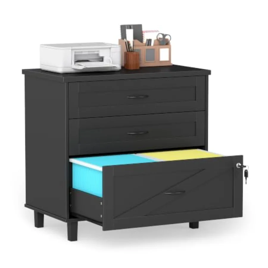 鍵付きの3段引き出し式木製ファイルキャビネット。横型で大容量 - File Cabinet Lateral のレビューと価格