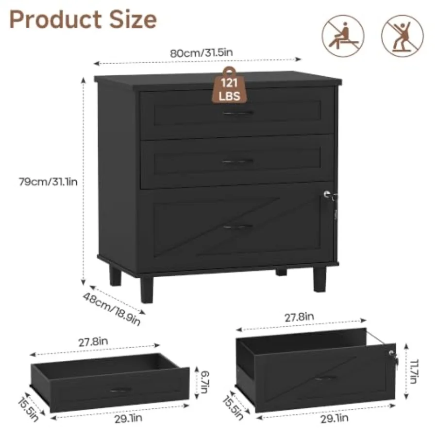 鍵付きの3段引き出し式木製ファイルキャビネット。横型で大容量 - File Cabinet Lateral のレビューと価格