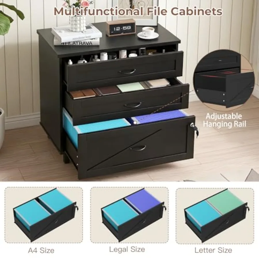 鍵付きの3段引き出し式木製ファイルキャビネット。横型で大容量 - File Cabinet Lateral のレビューと価格