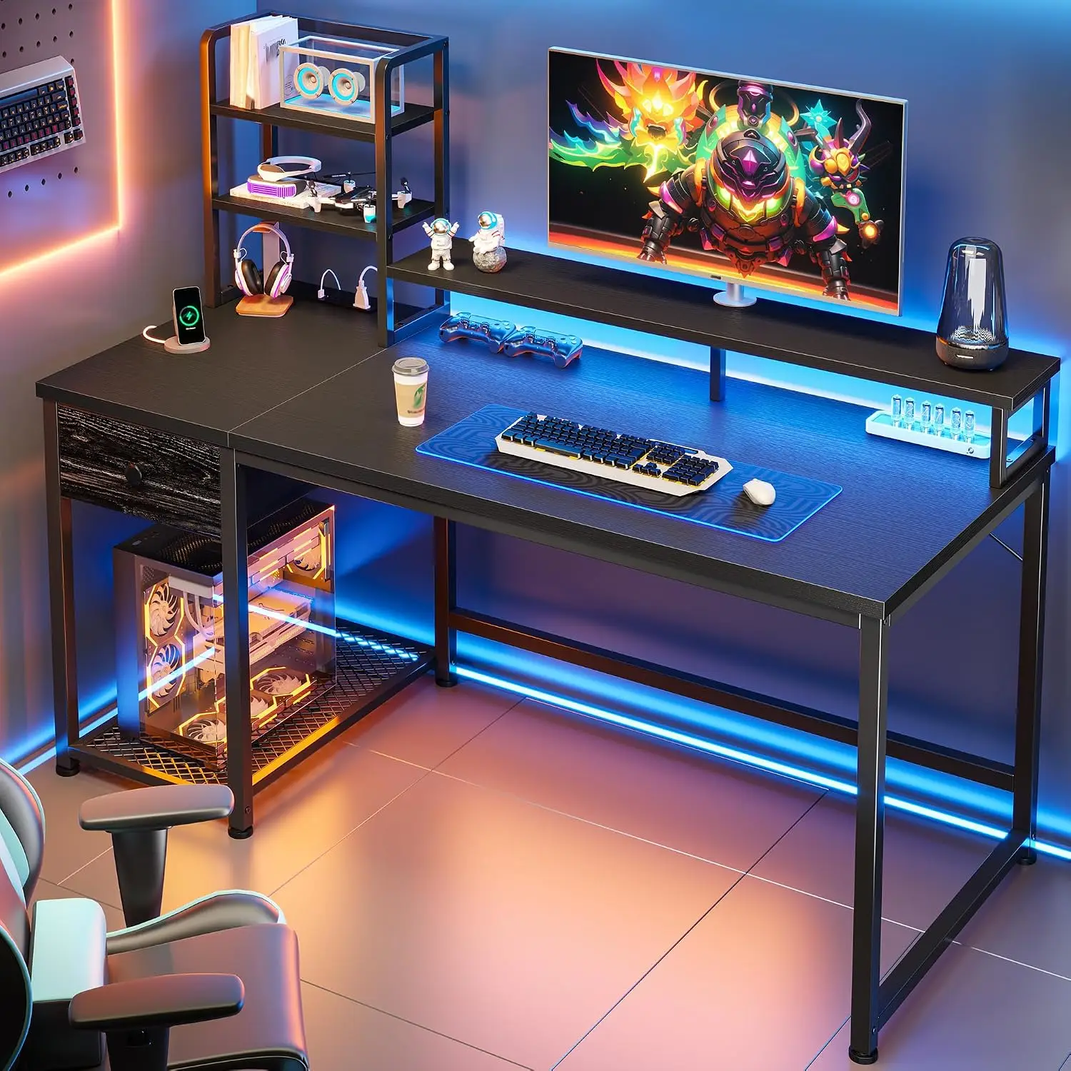 44インチ ゲーミングデスク（ハッチと引き出し付き）、ブラッ - Gaming Desk With Hutch のレビューと価格