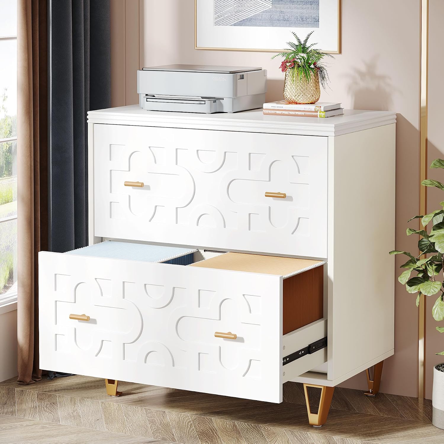 2段引き出し横型ファイルキャビネット、ウォームホワイトとゴー - File Cabinet Lateral のレビューと価格