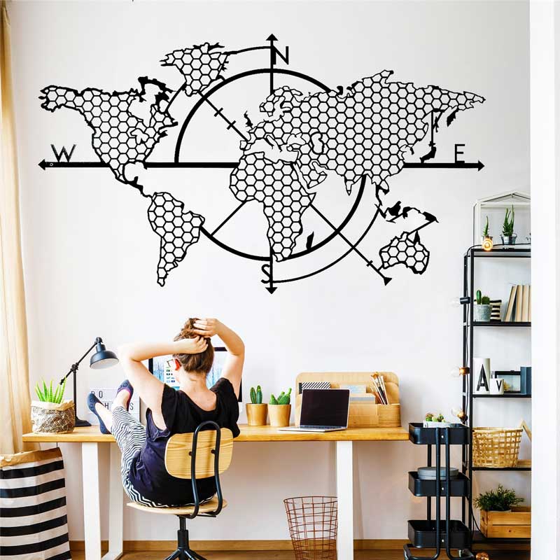 ハニカム幾何学世界地図コンパスビニールウォールステッカーホー - Office Furniture World のレビューと価格