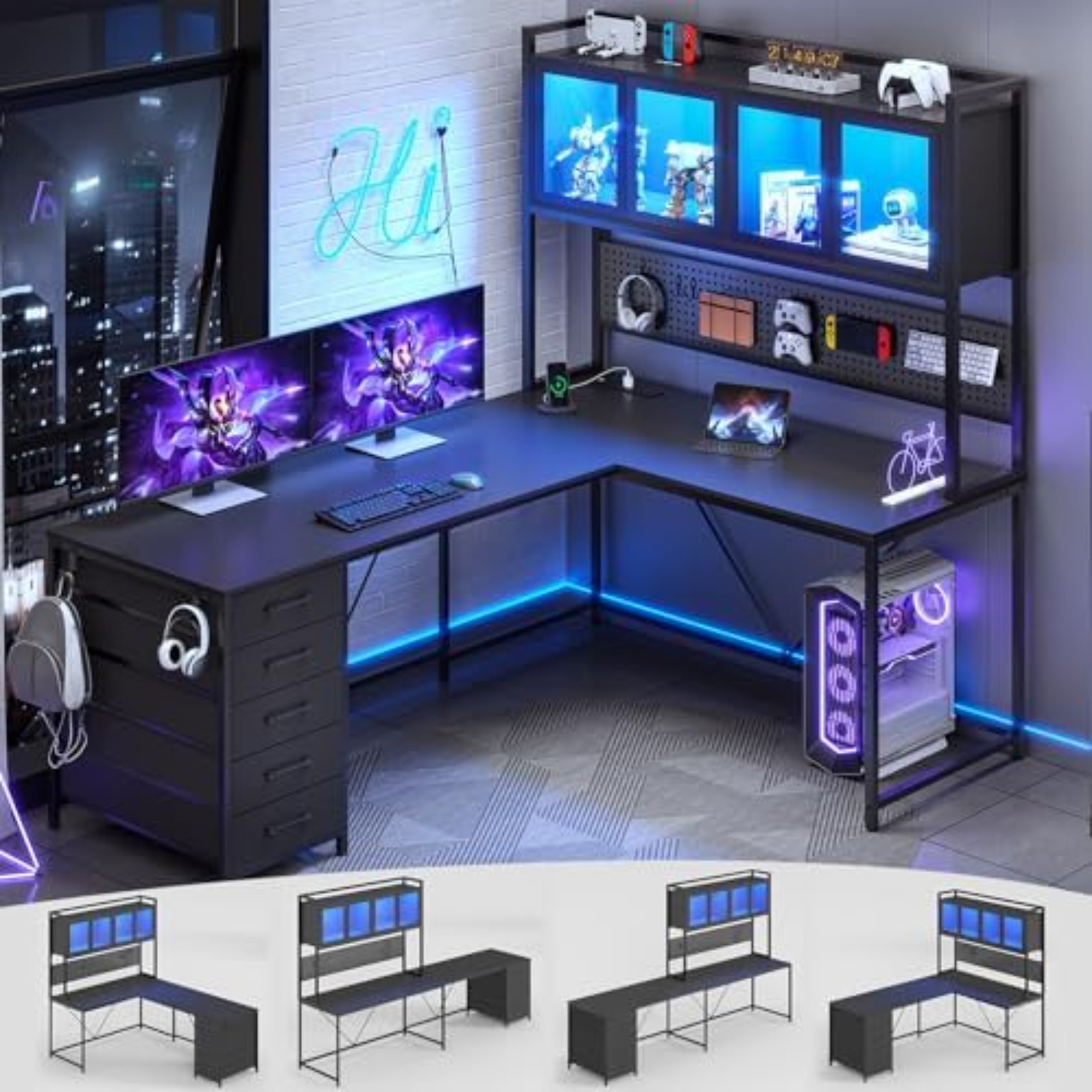 L字型ゲーミングコーナーデスク（引き出し、ハッチ、収納棚付き - Gaming Desk With Hutch のレビューと価格
