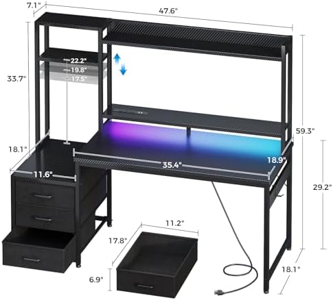 48インチゲーミングデスク（ハッチ付き、3つの布製引き出し） - Gaming Desk With Hutch のレビューと価格