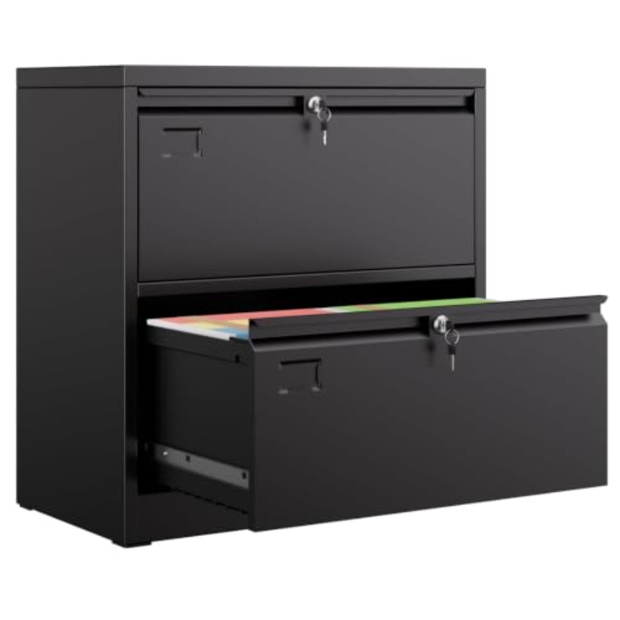 2段式横型ファイルキャビネット（鍵付き）、ブラックメタル製ロ - File Cabinet Lateral のレビューと価格