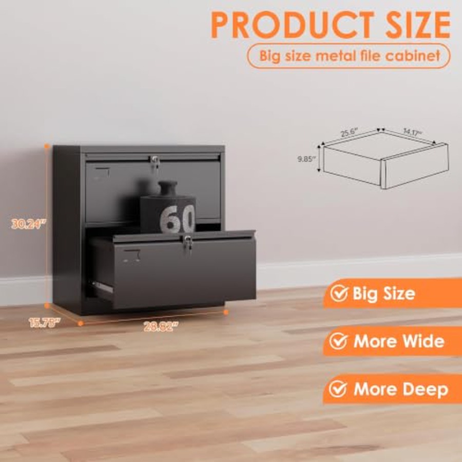 2段式横型ファイルキャビネット（鍵付き）、ブラックメタル製ロ - File Cabinet Lateral のレビューと価格