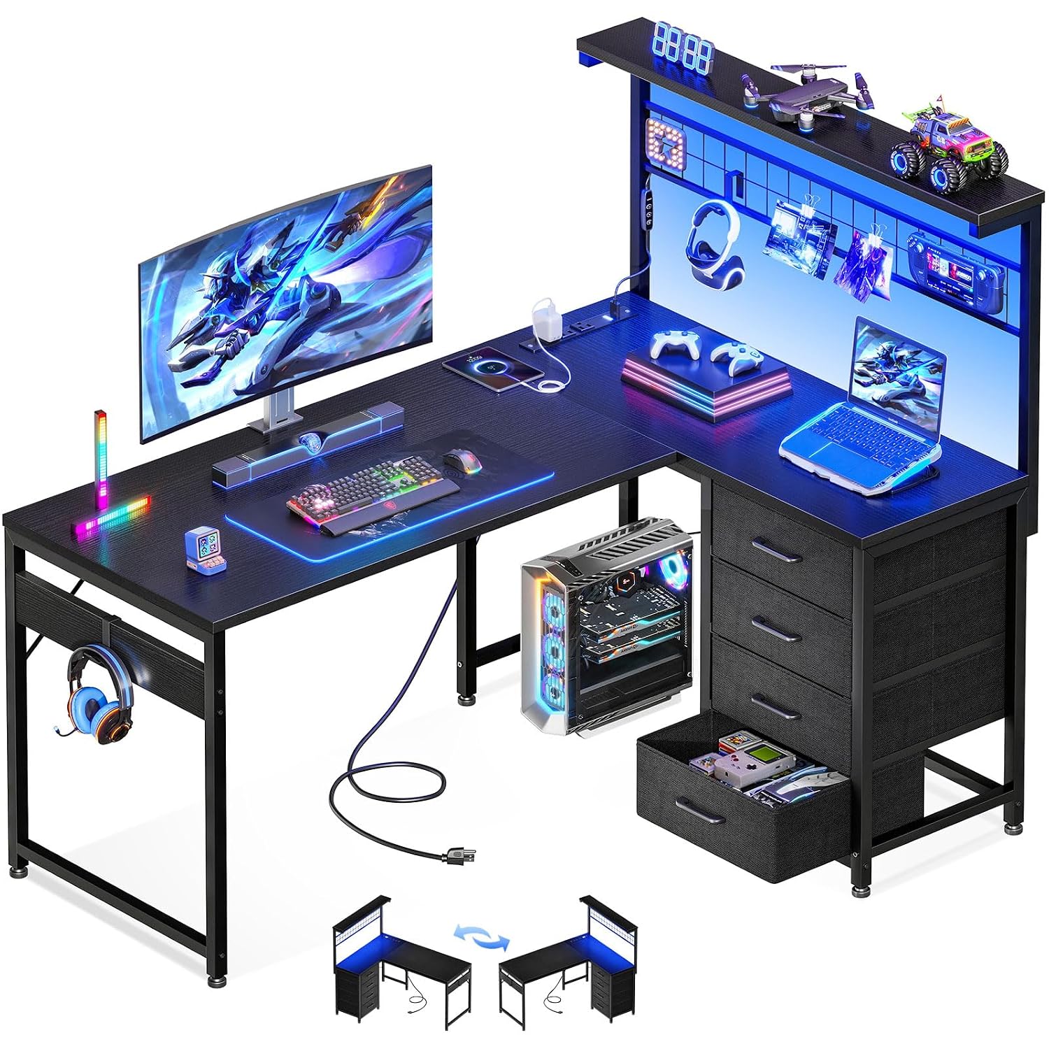 L字型ゲーミングデスク（棚と4つの引き出し付き）、ホームオフ - Gaming Desk With Hutch のレビューと価格